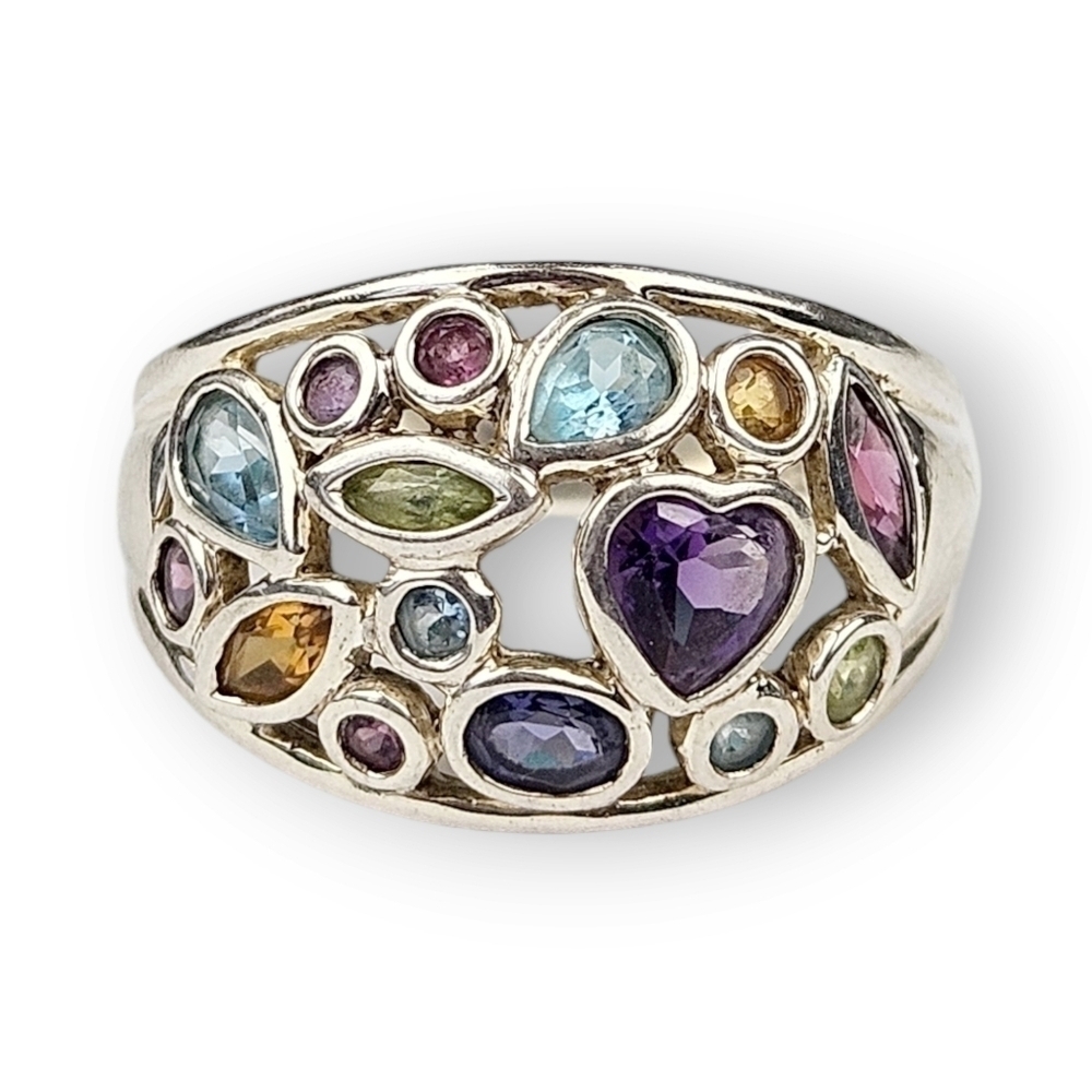 Lorenzo Heart Dome Sterling Ring Multi Gemstone Colorful 925 Silver Open Work 8